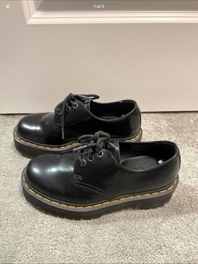Dr. Martens Black Platform Lace-Up Shoes with Yellow Stitching